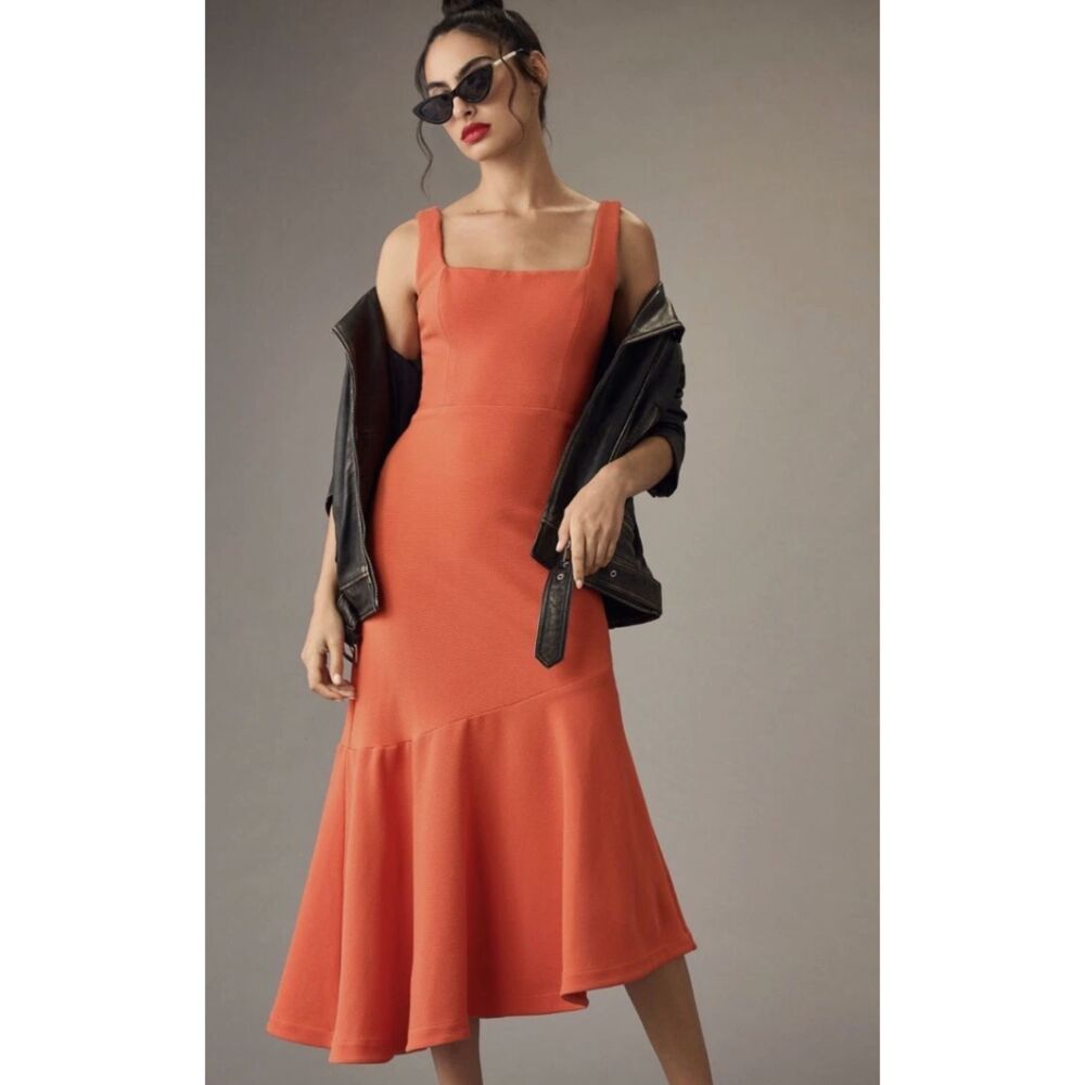 Anthropologie Ariana Square Neck Asymmetrical RuffleMidi Dress  Red Size XS